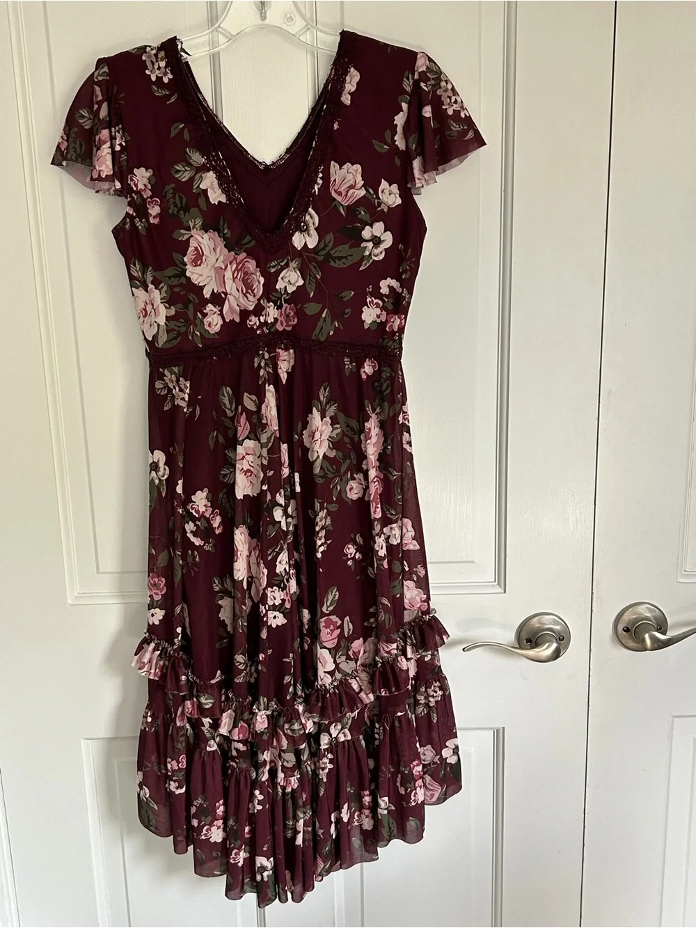 Girls' Floral Burgundy Ruffle Dress